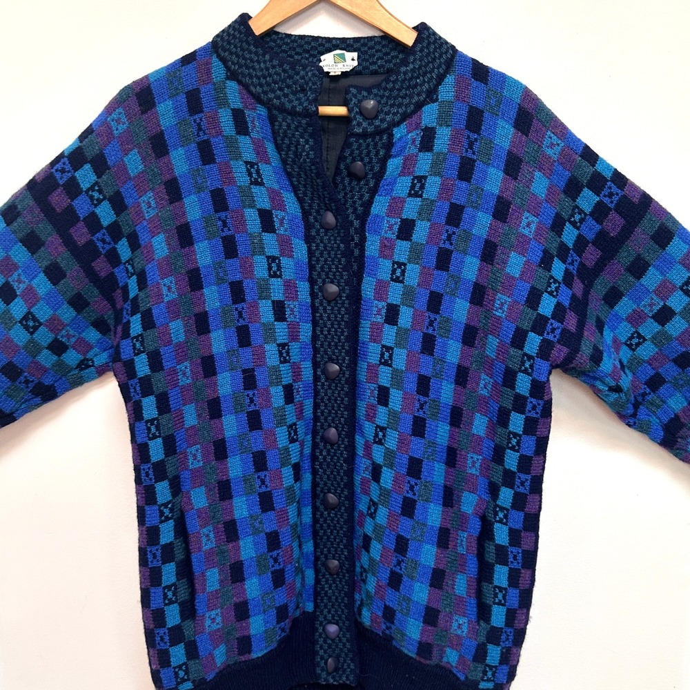 Vintage Kolor Knits Irish Wool Cardigan S Geometric Multicolor Made Ireland